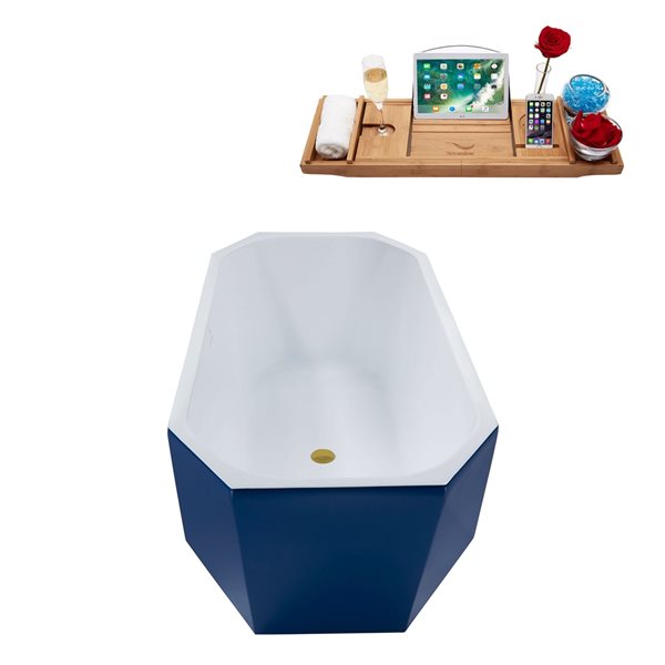 Streamline 28.7-in W x 63-in L Blue/Brushed Gold Acrylic Oval Center Drain Freestanding Bathtub with Tray