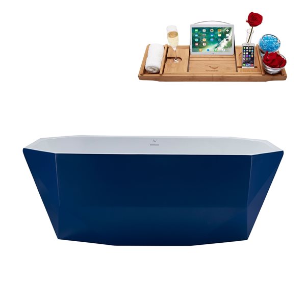 Streamline 28.7-in W x 63-in L Blue/Brushed Gold Acrylic Oval Center Drain Freestanding Bathtub with Tray