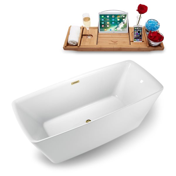 Streamline 28.3-in W x 59.1-in L Acrylic Brushed Gold/White Rectangular Center Drain Freestanding Bathtub with Tray