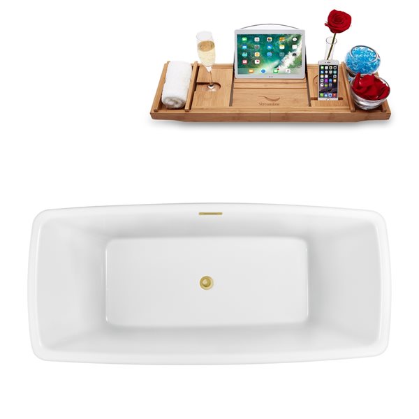 Streamline 28.3-in W x 59.1-in L Acrylic Brushed Gold/White Rectangular Center Drain Freestanding Bathtub with Tray