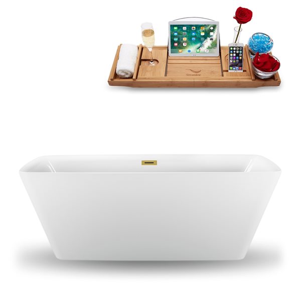 Streamline 28.3-in W x 59.1-in L Acrylic Brushed Gold/White Rectangular Center Drain Freestanding Bathtub with Tray