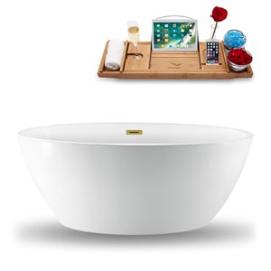 Streamline Brushed Gold/White 28.3-in W x 59.1-in L Acrylic Oval Center Drain Freestanding Bathtub with Tray