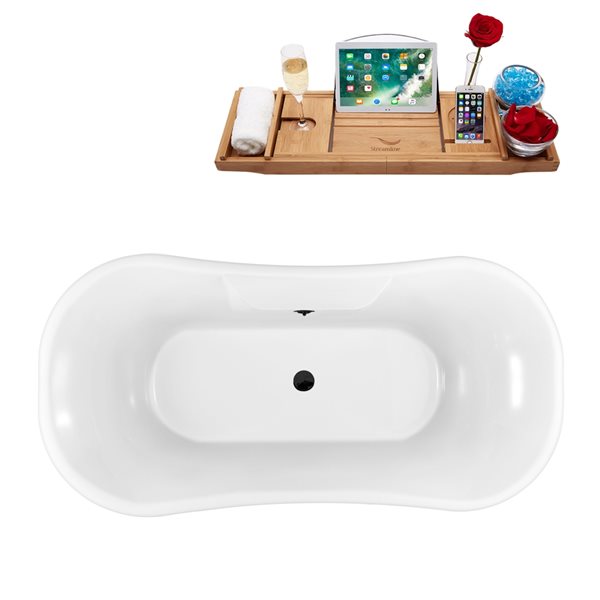 Streamline 33.9-in W x 68-in L Matte Black/Black Acrylic Oval Center Drain Clawfoot Bathtub with Tray