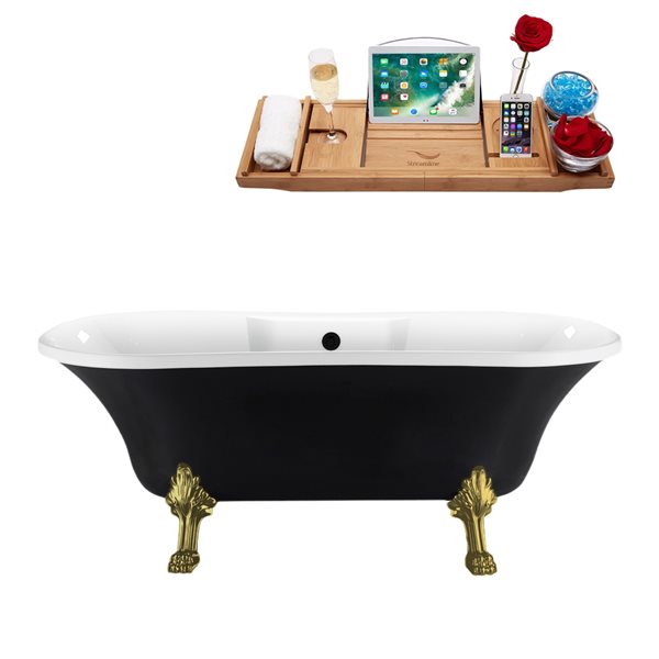 Streamline 33.9-in W x 68-in L Matte Black/Black Acrylic Oval Center Drain Clawfoot Bathtub with Tray