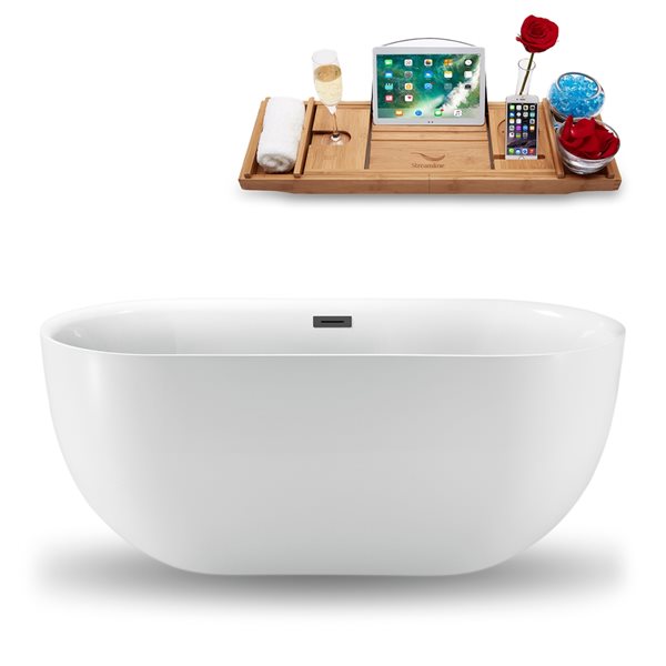 Streamline White/Brushed Gunmetal 28.3-in W x 59.1-in L Oval Center Drain Freestanding Bathtub with Tray