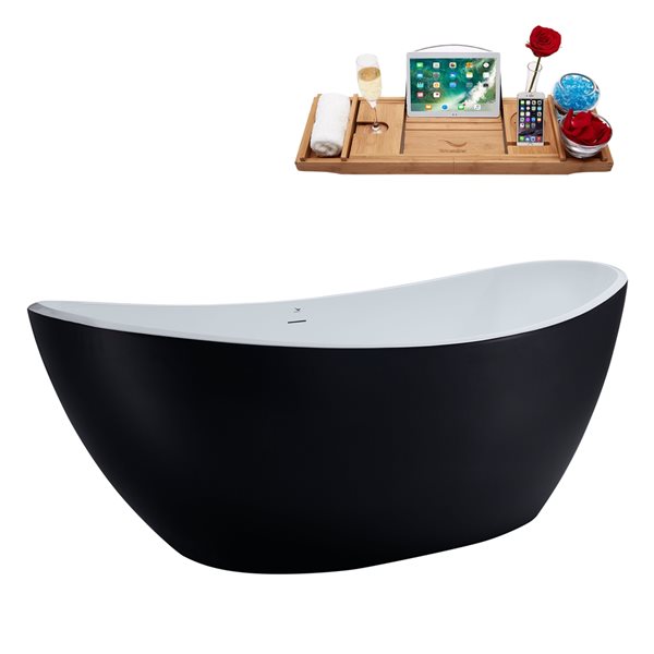 Streamline 35.4-in W x 74.8-in L Black/Brushed Gunmetal Acrylic Oval Center Drain Freestanding Bathtub with Tray