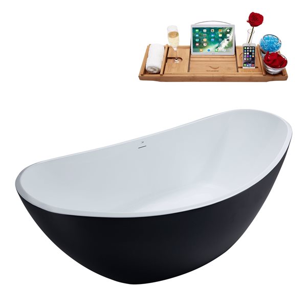 Streamline 35.4-in W x 74.8-in L Black/Brushed Gunmetal Acrylic Oval Center Drain Freestanding Bathtub with Tray