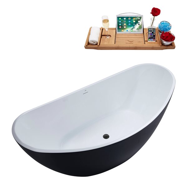 Streamline 35.4-in W x 74.8-in L Black/Brushed Gunmetal Acrylic Oval Center Drain Freestanding Bathtub with Tray