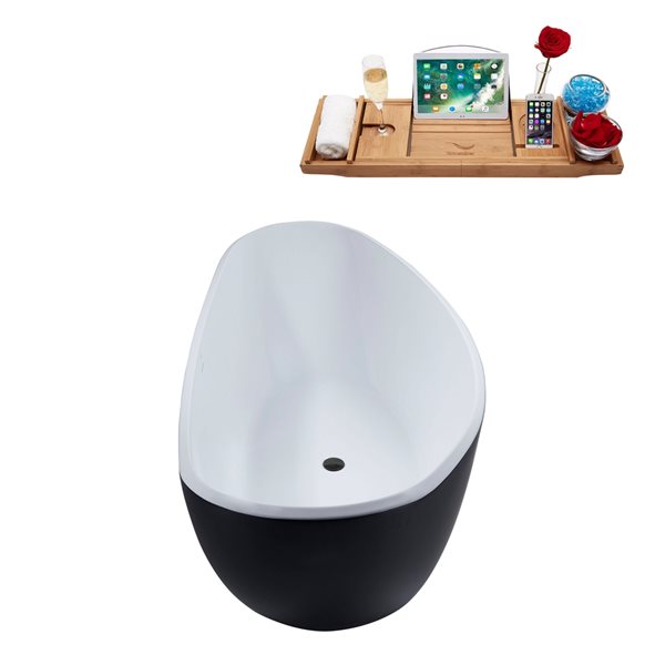 Streamline 35.4-in W x 74.8-in L Black/Brushed Gunmetal Acrylic Oval Center Drain Freestanding Bathtub with Tray