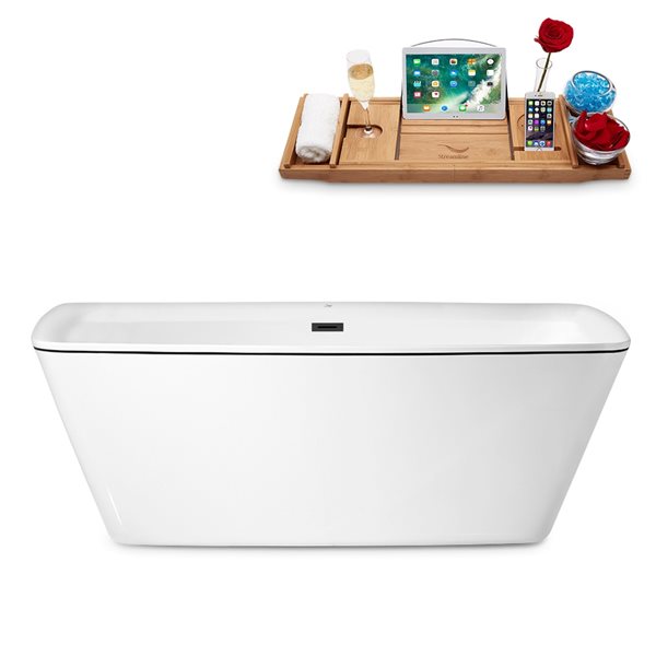 Streamline 28.3-in W x 59.1-in L White/Brushed Gunmetal Rectangular Center Drain Freestanding Bathtub with Tray