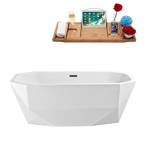 Streamline 28.3-in W x 59.1-in L Oval Brushed Gunmetal/White Acrylic Center Drain Freestanding Bathtub with Tray