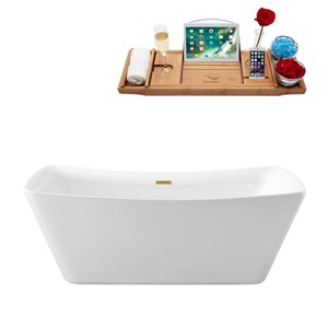Streamline 30.7-in W x 70.1-in L White/Brushed Gold Acrylic Rectangular Center Drain Freestanding Bathtub with Tray
