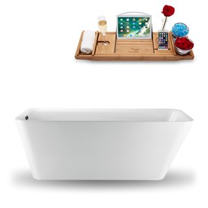 Streamline 30.7-in W x 66.9-in L White/Brushed Gunmetal Acrylic Rectangular Reversible Drain Freestanding Bathtub with Tray