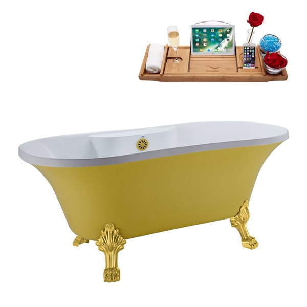 Streamline 32-in W x 60-in L Oval Brushed Gold/Yellow Acrylic Center Drain Clawfoot Bathtub with Tray
