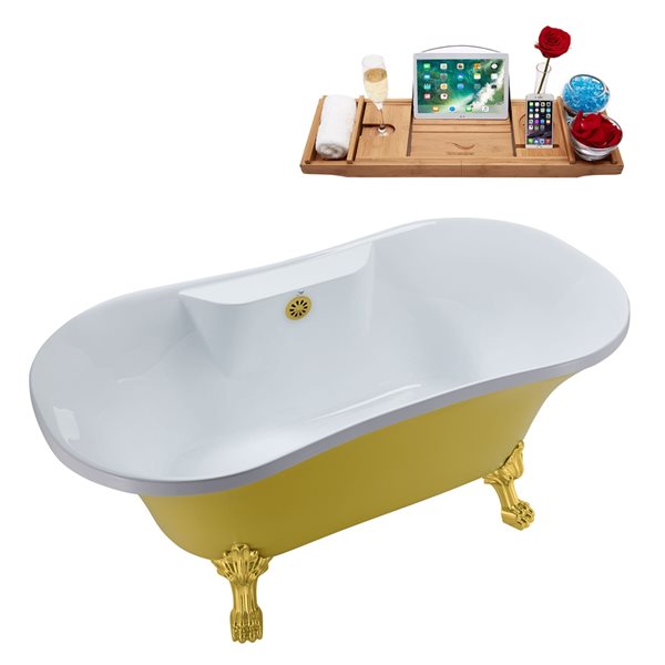 Streamline 32-in W x 60-in L Oval Brushed Gold/Yellow Acrylic Center Drain Clawfoot Bathtub with Tray