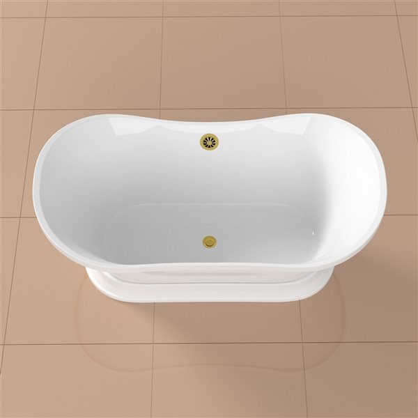 Baignoire autoportante ovale en acrylique blanc et or brossé de Streamline avec drain central et plateau, 32 po x 60 po