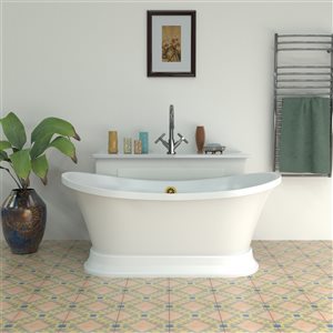 Streamline 32-in W x 60-in L White and Brushed Gold Acrylic Oval Center Drain Freestanding Bathtub with Tray