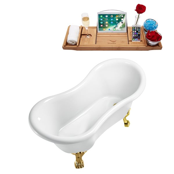 Streamline 30.7-in W x 62.2-in L Oval Brushed Gold/White Acrylic Reversible Drain Clawfoot Bathtub with Tray