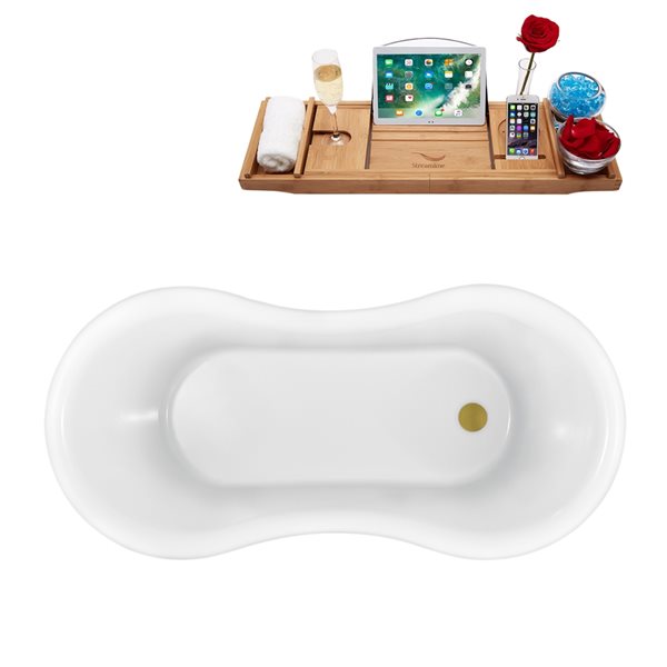 Streamline 30.7-in W x 62.2-in L Oval Brushed Gold/White Acrylic Reversible Drain Clawfoot Bathtub with Tray