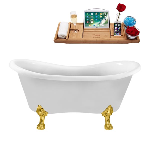 Streamline 30.7-in W x 62.2-in L Oval Brushed Gold/White Acrylic Reversible Drain Clawfoot Bathtub with Tray