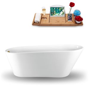 Baignoire autoportante ovale en acrylique blanc et or brossé par Streamline avec drain réversible et plateau, 29,9 po x 68…