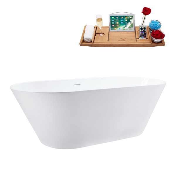 Streamline 31.5-in x 70-in Rectangular White Acrylic Freestanding Bathtub with Brushed Gold Centre Drain and Tray