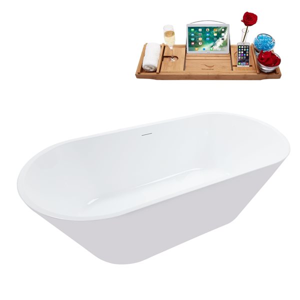 Streamline 31.5-in x 70-in Rectangular White Acrylic Freestanding Bathtub with Brushed Gold Centre Drain and Tray
