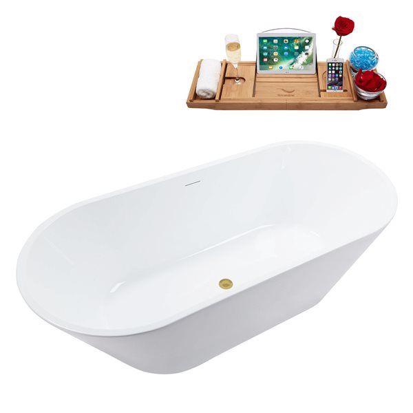 Streamline 31.5-in x 70-in Rectangular White Acrylic Freestanding Bathtub with Brushed Gold Centre Drain and Tray