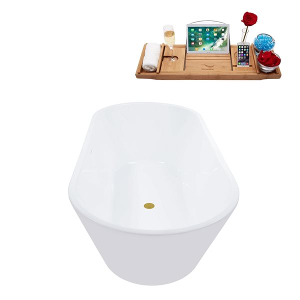 Streamline 31.5-in x 70-in Rectangular White Acrylic Freestanding Bathtub with Brushed Gold Centre Drain and Tray