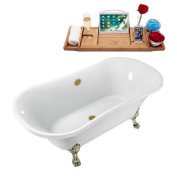 Streamline 34-in x 68-in Oval White and Brushed Nickel Acrylic Clawfoot Bathtub with Brushed Gold Centre Drain and Tray