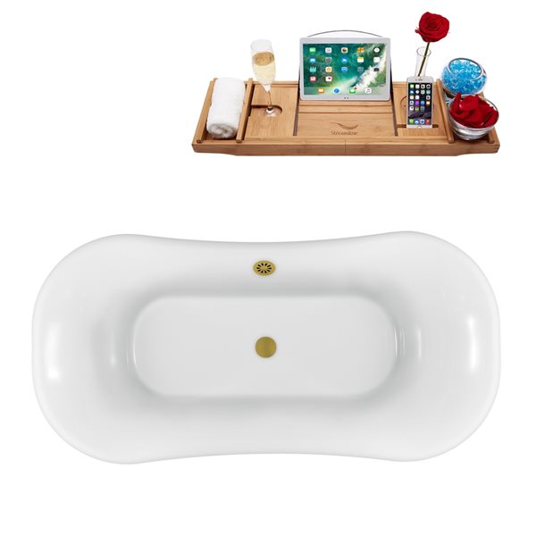 Streamline 34-in x 68-in Oval White and Brushed Nickel Acrylic Clawfoot Bathtub with Brushed Gold Centre Drain and Tray