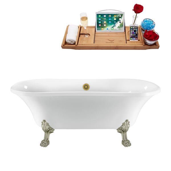 Streamline 34-in x 68-in Oval White and Brushed Nickel Acrylic Clawfoot Bathtub with Brushed Gold Centre Drain and Tray