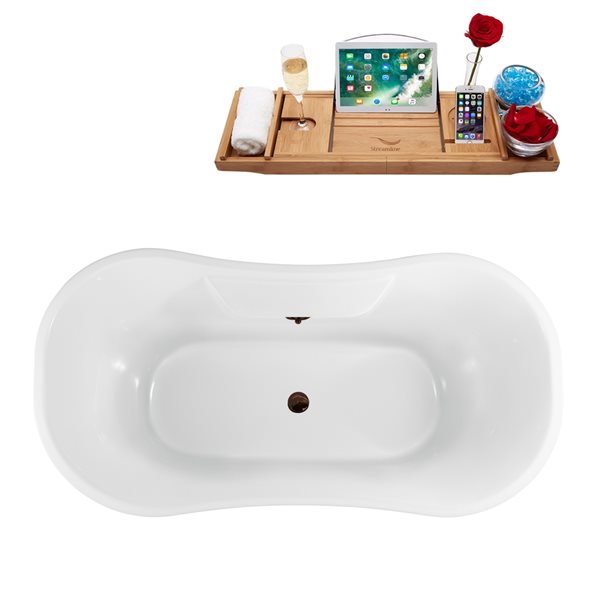 Streamline 34-in x 68-in White and Brushed Gold Acrylic Oval Clawfoot Bathtub with Matte Oil-Rubbed Bronze Centre Drain and Tray