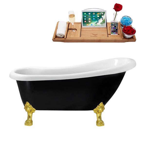 Streamline 27.5-in x 61-in Oval Black and Gold Acrylic Clawfoot Bathtub with Brushed Gun Metal Drain and Tray