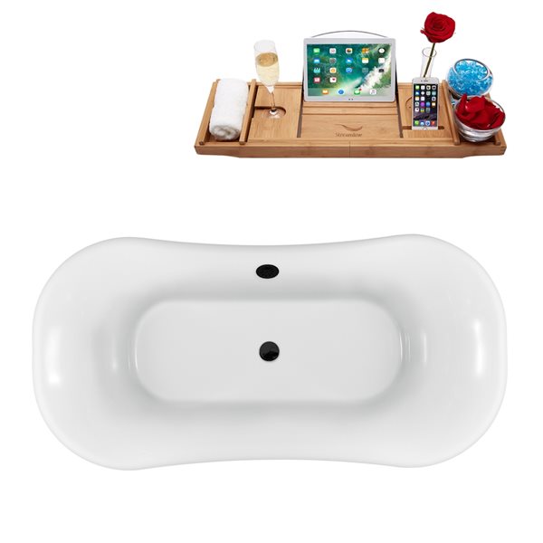 Streamline 34-in x 68-in Oval White and Brushed Gold Acrylic Clawfoot Bathtub with Matte Black Centre Drain and Tray