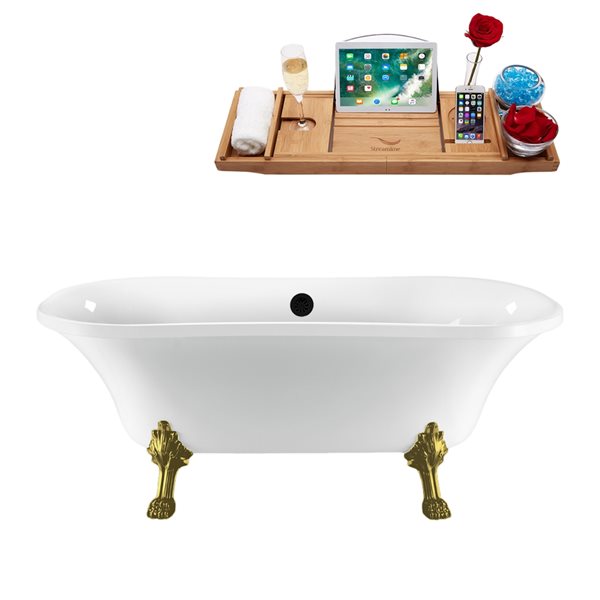 Streamline 34-in x 68-in Oval White and Brushed Gold Acrylic Clawfoot Bathtub with Matte Black Centre Drain and Tray