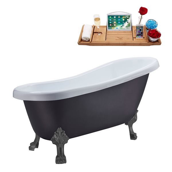 Streamline 27.5-in x 61-in Oval Grey/Brushed Gun Metal Acrylic Clawfoot Bathtub with Reversible Drain and Tray