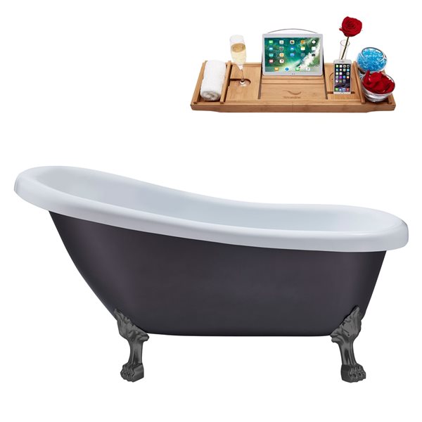 Streamline 27.5-in x 61-in Oval Grey/Brushed Gun Metal Acrylic Clawfoot Bathtub with Reversible Drain and Tray