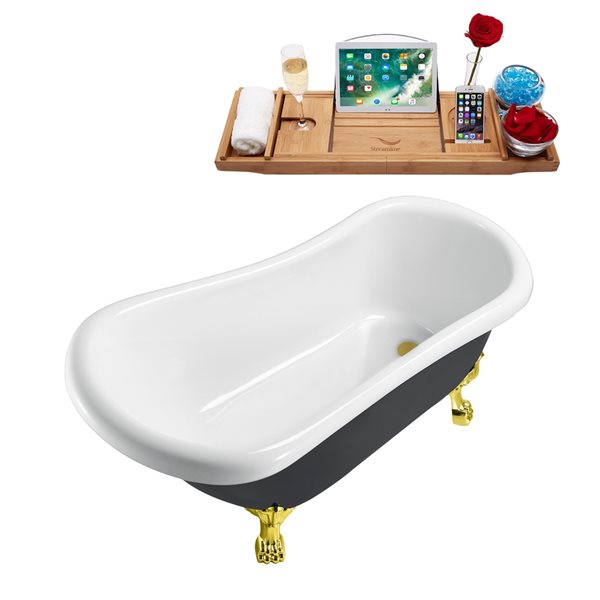 Streamline 27.5-in x 61-in Oval Black and Gold Acrylic Clawfoot Bathtub with Brushed Gold Reversible Drain and Tray