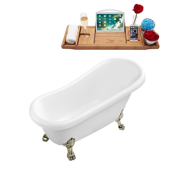 Streamline 27.5-in x 61-in Oval White and Brushed Nickel Acrylic Clawfoot Bathtub with Reversible Drain and Tray