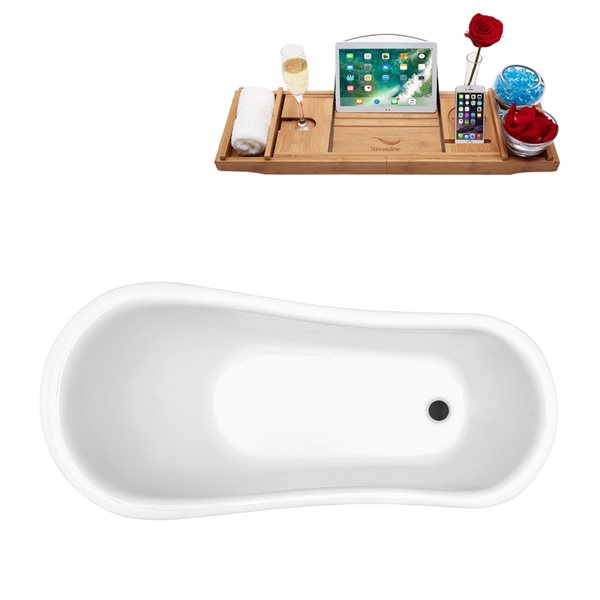 Streamline 27.5-in x 61-in Oval White and Brushed Nickel Acrylic Clawfoot Bathtub with Reversible Drain and Tray