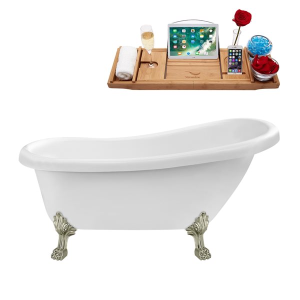 Streamline 27.5-in x 61-in Oval White and Brushed Nickel Acrylic Clawfoot Bathtub with Reversible Drain and Tray