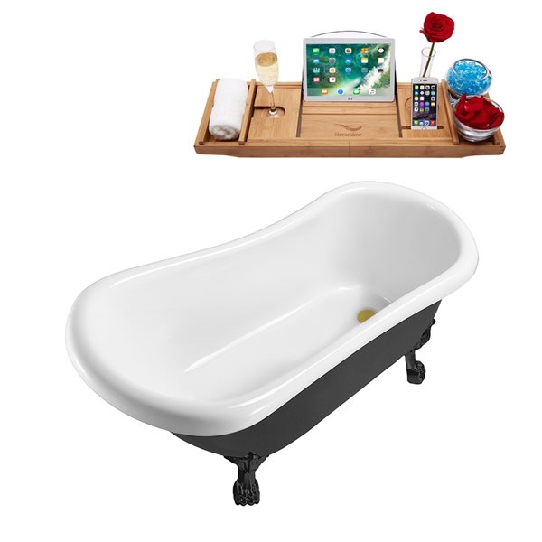 Streamline 27.5-in x 61-in Oval Black Acrylic Clawfoot Bathtub with Brushed Gold Reversible Drain and Tray