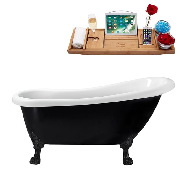 Streamline 27.5-in x 61-in Oval Black Acrylic Clawfoot Bathtub with Brushed Gold Reversible Drain and Tray