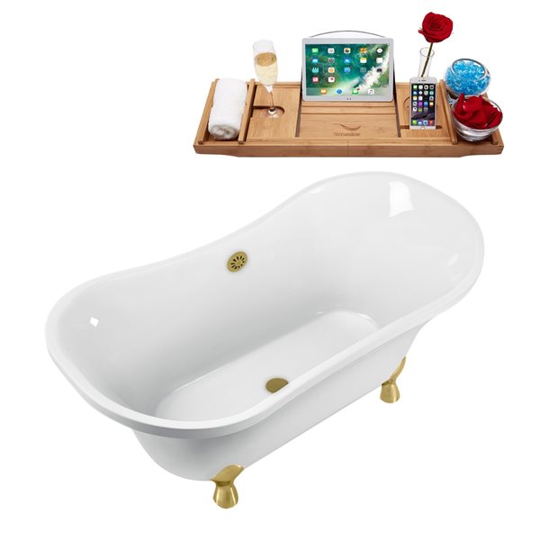 Streamline 32-in x 60-in White and Gold Acrylic Oval Clawfoot Bathtub with Brushed Gold Centre Drain and Tray