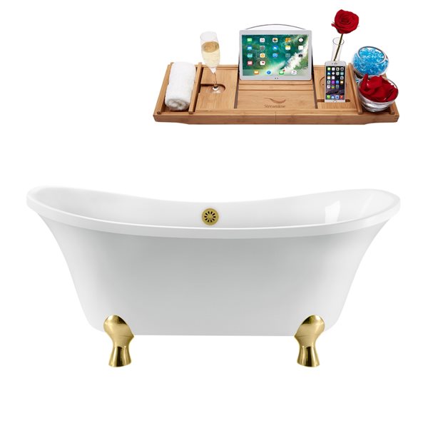 Streamline 32-in x 60-in White and Gold Acrylic Oval Clawfoot Bathtub with Brushed Gold Centre Drain and Tray