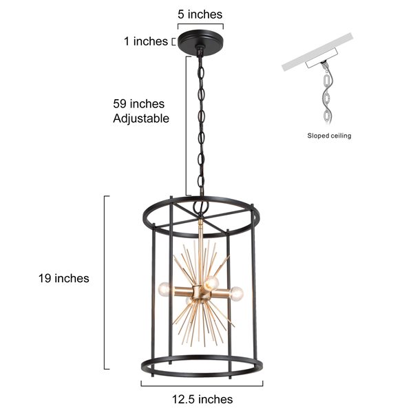 Uolfin 4-Light Black/Gold Modern/Contemporary Drum Cage Chandelier ...