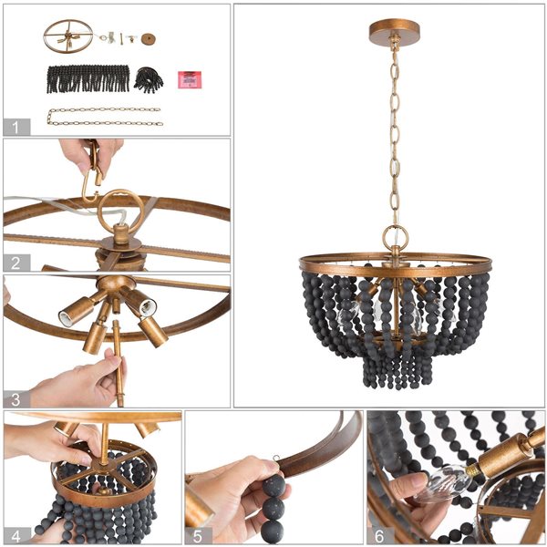Uolfin 4-Light Black Bohemian/Global Beaded Drum Chandelier