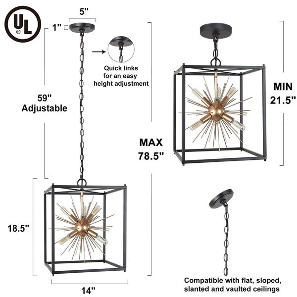 Uolfin 6-Light Black/Gold Modern/Contemporary Square Cage Chandelier