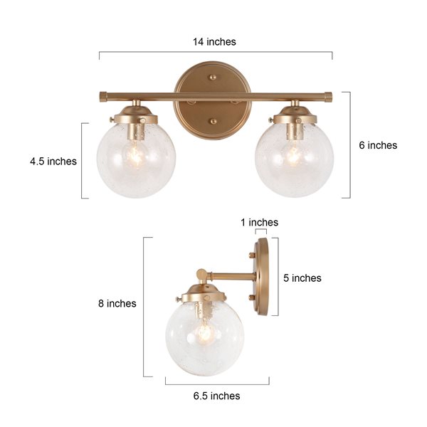 Kali 2-Light Simple Globe Gold Vanity Light for Bathroom